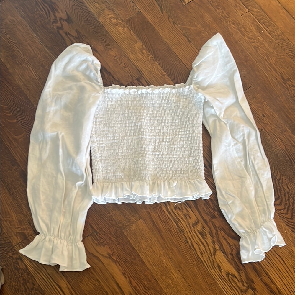 Reformation White Smocked Puff Sleeve Blouse
